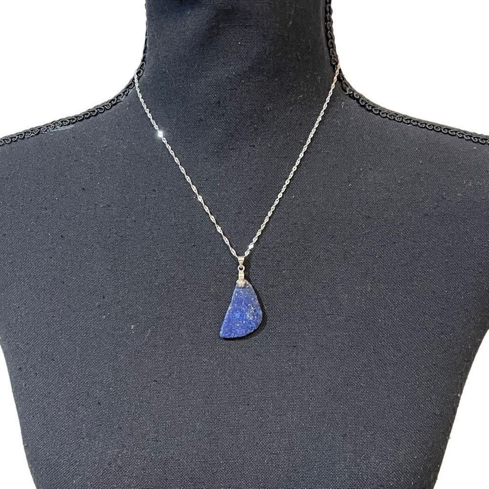 Vintage Blue Agate Stone Necklace Womens Italian 17” Sterling Silver Chain